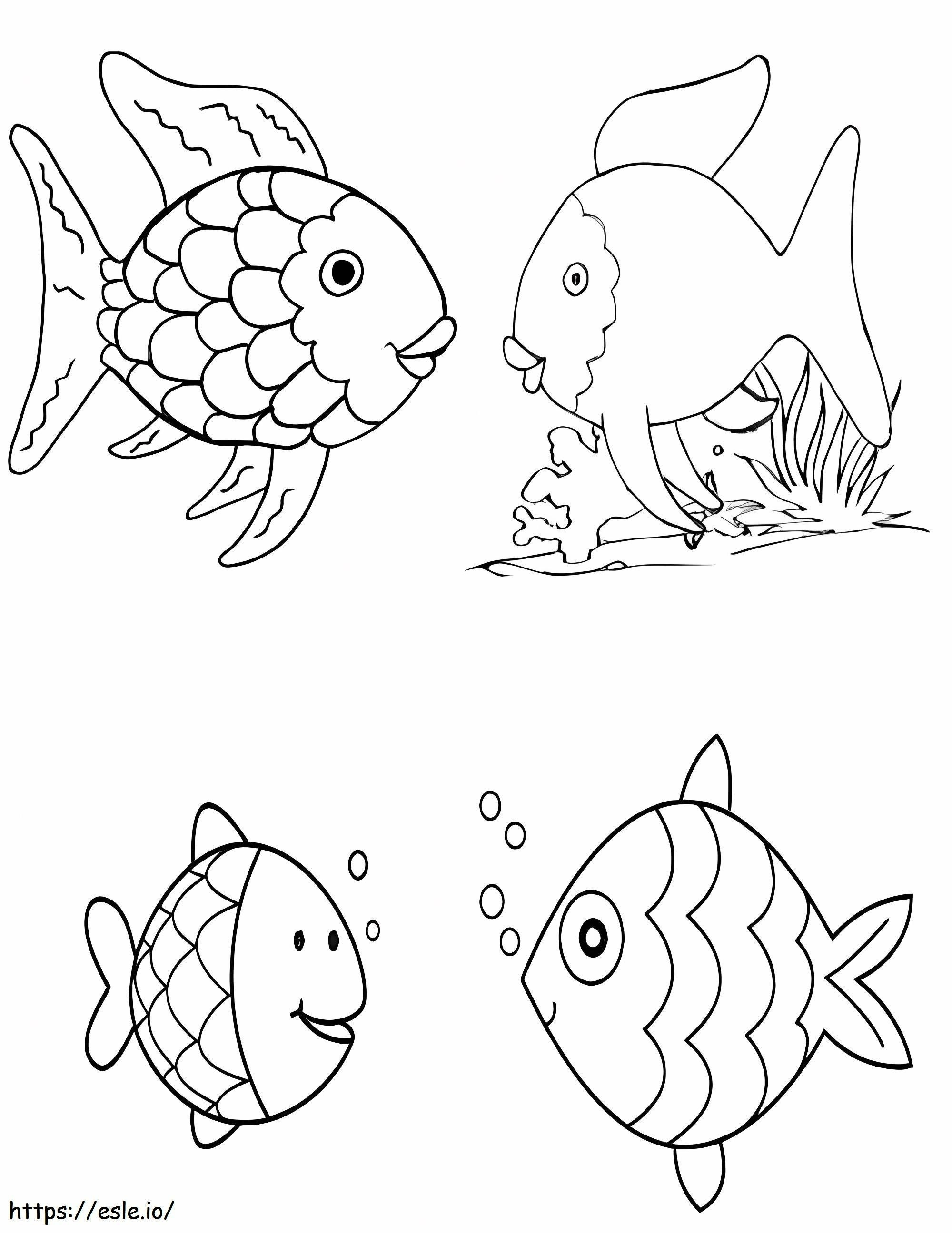 Coloriage Quatre poissons arc-en-ciel à imprimer dessin