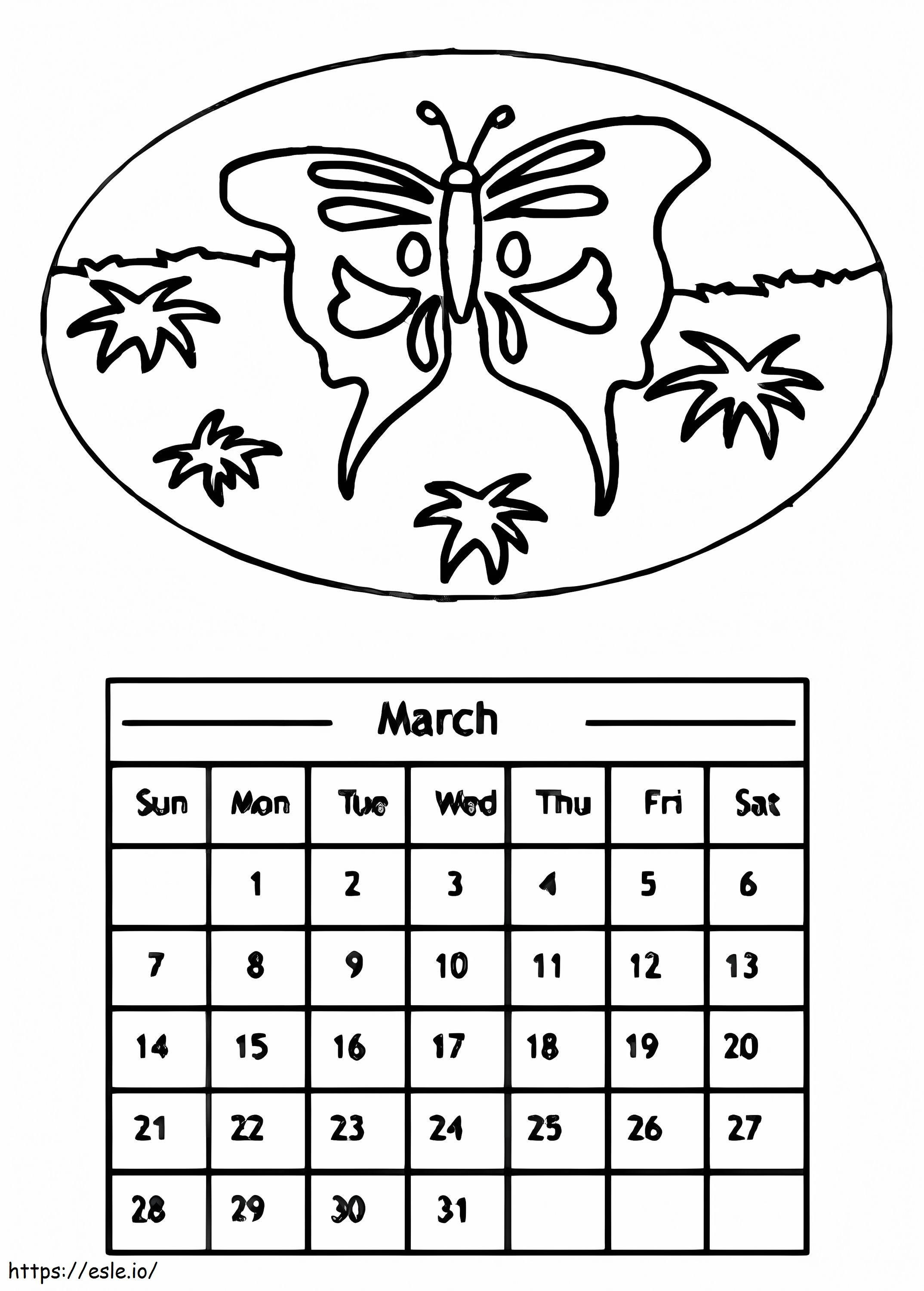 Calendario De Marzo Con Una Mariposa para colorear