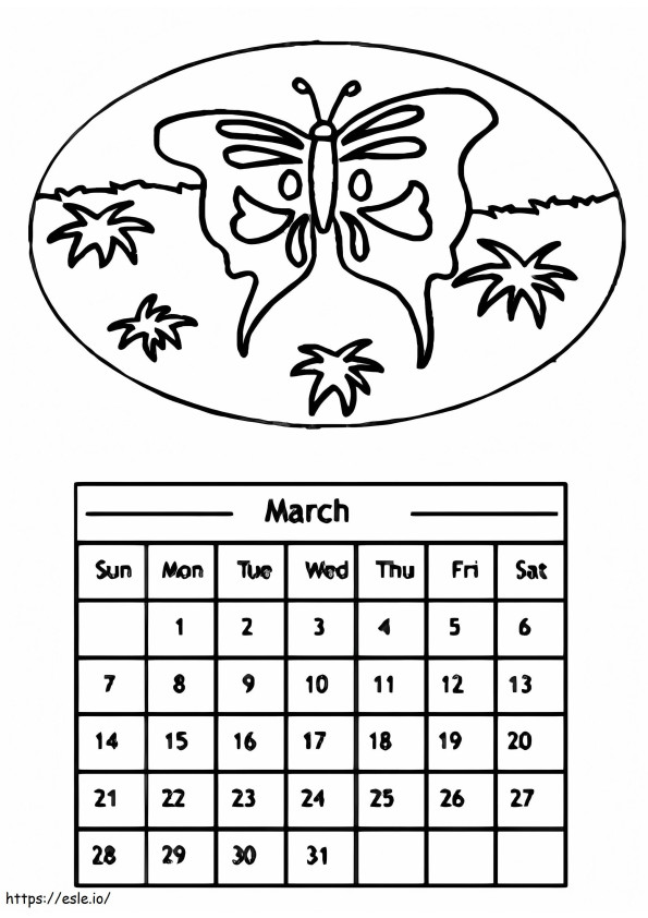 Calendario De Marzo Con Una Mariposa para colorear