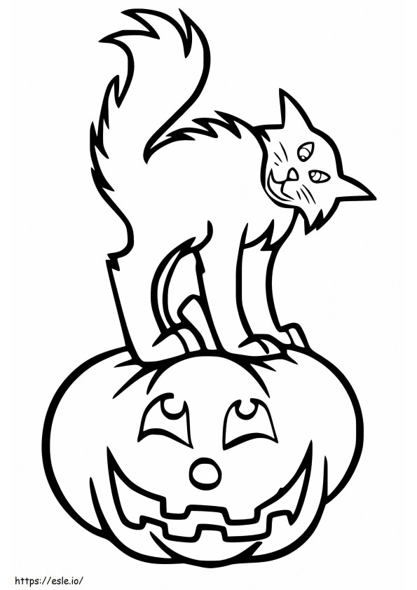 Halloween-kissa kurpitsalla värityskuva
