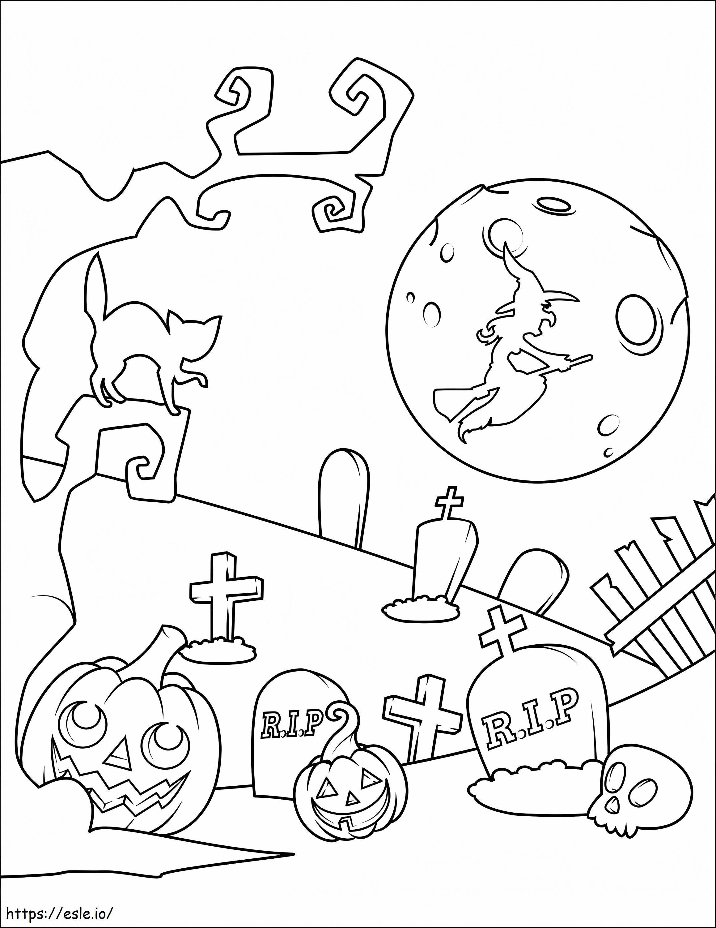 Cemitério de Halloween fofo para colorir