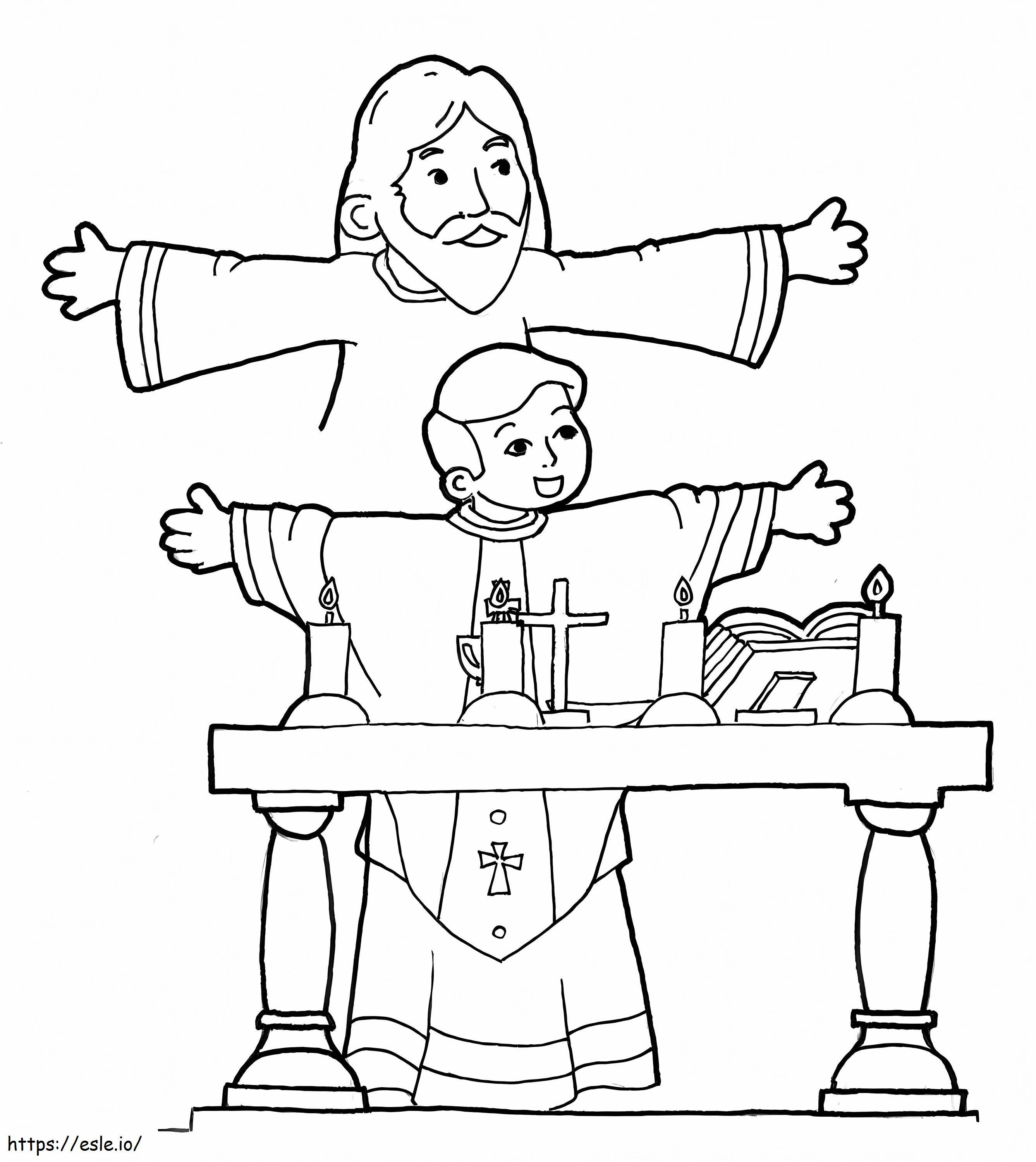 Jeesus ja pappi värityskuva