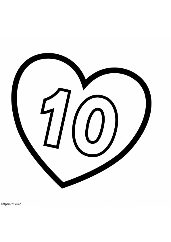 Número 10 en el corazón para colorear