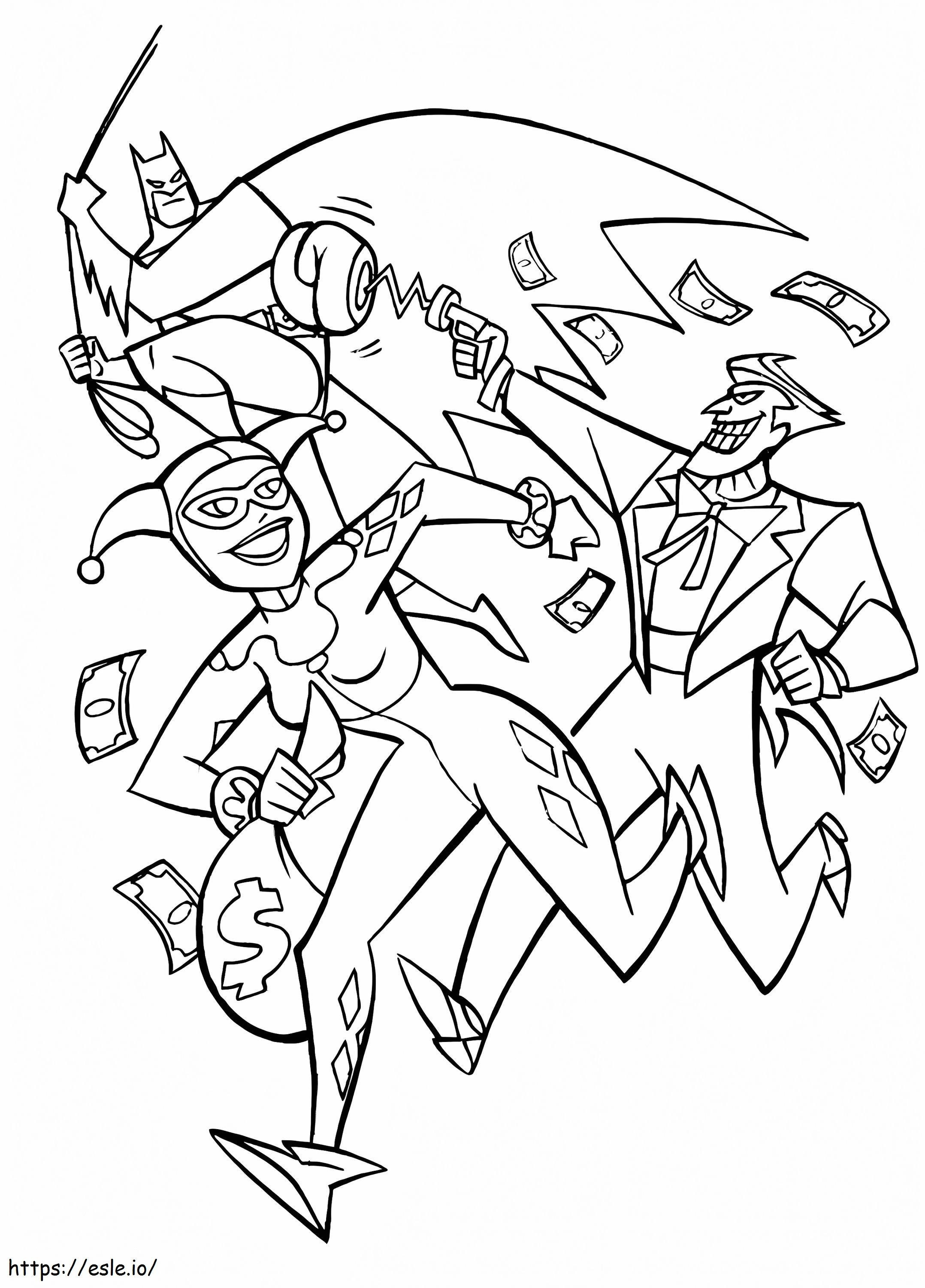 Coloriage Batman poursuit avec Harley Quinn et Joker à imprimer dessin