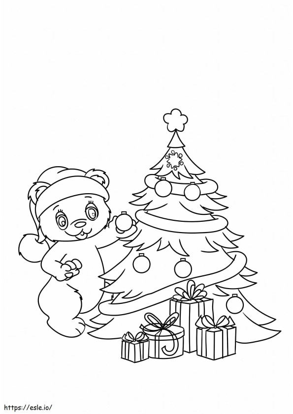 Teddy die de kerstboom versiert kleurplaat