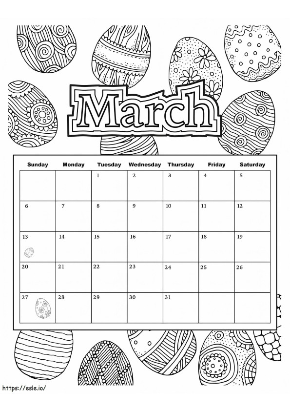 Kalendarz Wielkanocny na marzec kolorowanka