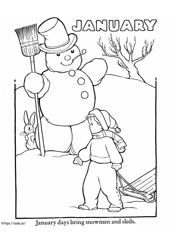 Página para colorear de muñeco de nieve de enero para colorear