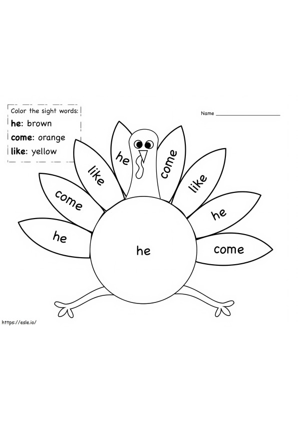 Turkey Sight Words coloring page