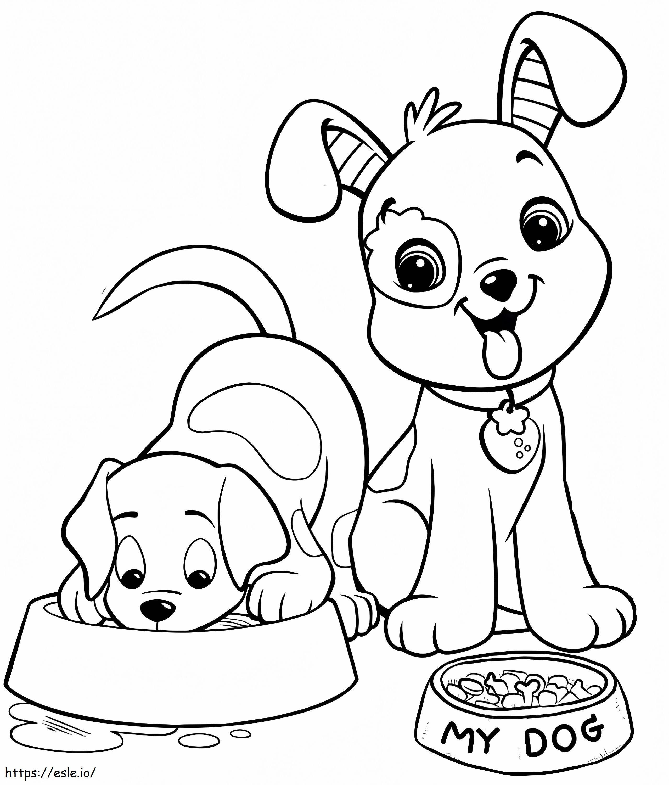 Two Cute Dogs Eating coloring page