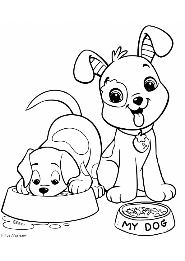 Coloriage Deux chiens mignons mangeant à imprimer dessin