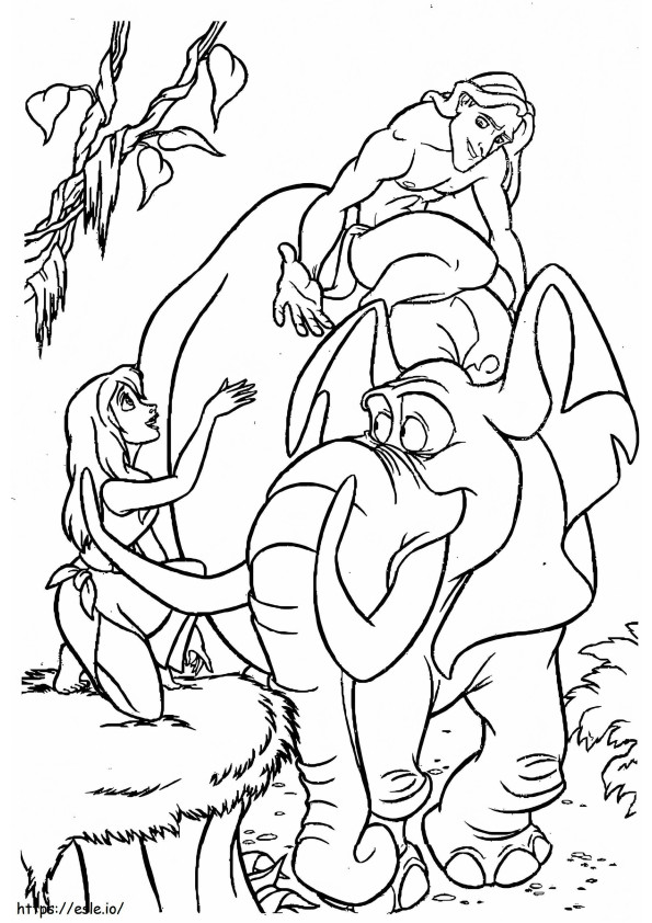 Coloriage Tarzan chevauchant un éléphant et Jane Porter à imprimer dessin