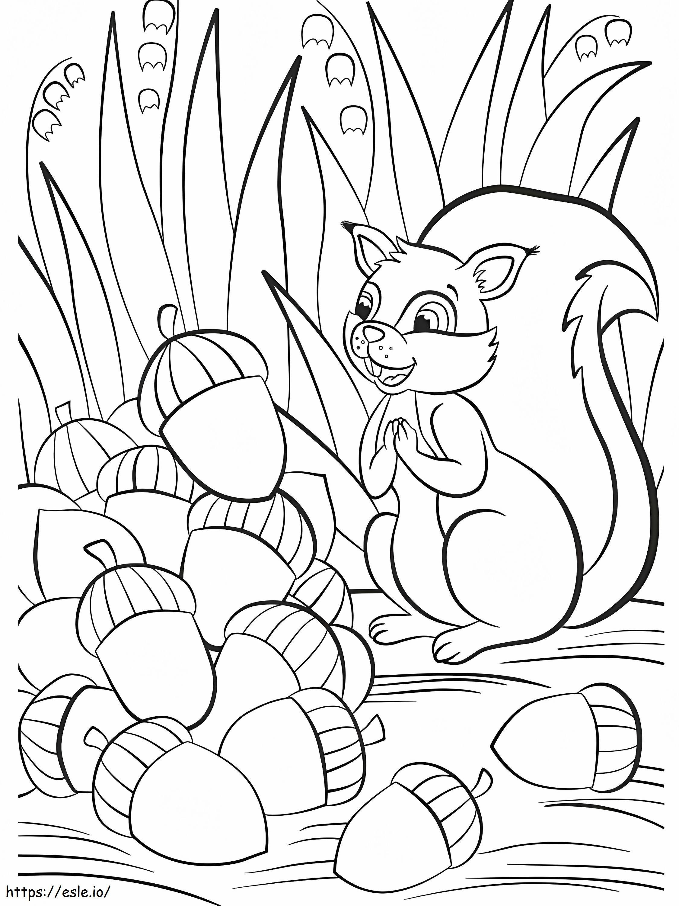 Onnellinen orava tammenterhojen kanssa värityskuva