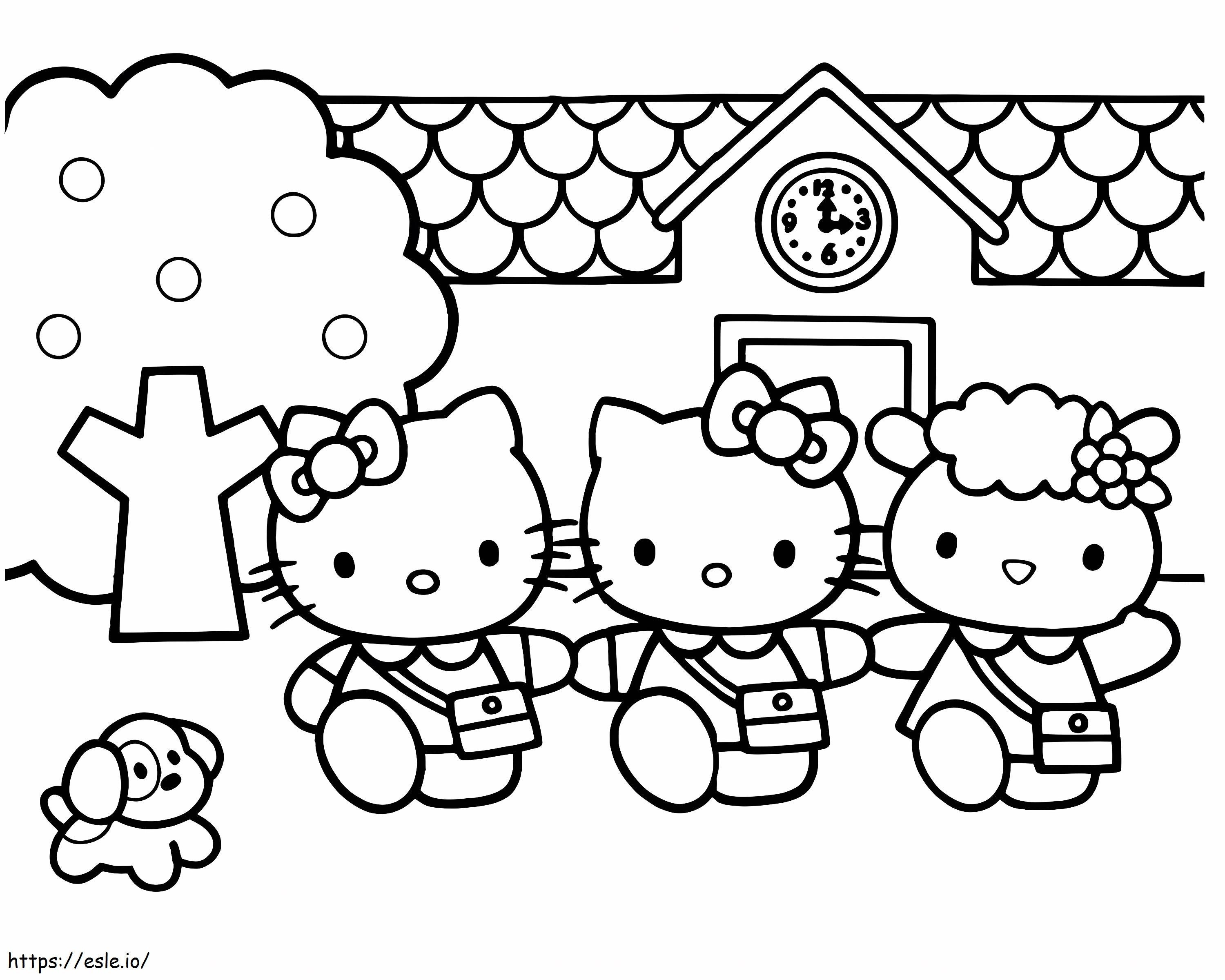 Hello Kitty ja hänen ystävänsä menevät kouluun värityskuva