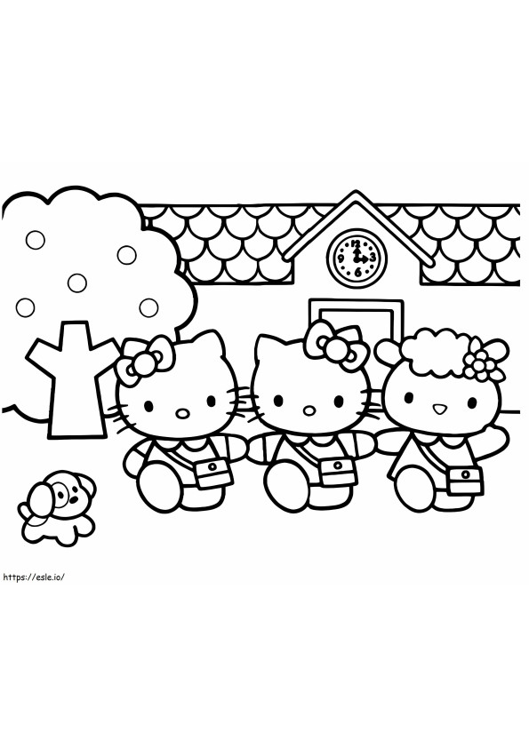 Hello Kitty ja hänen ystävänsä menevät kouluun värityskuva