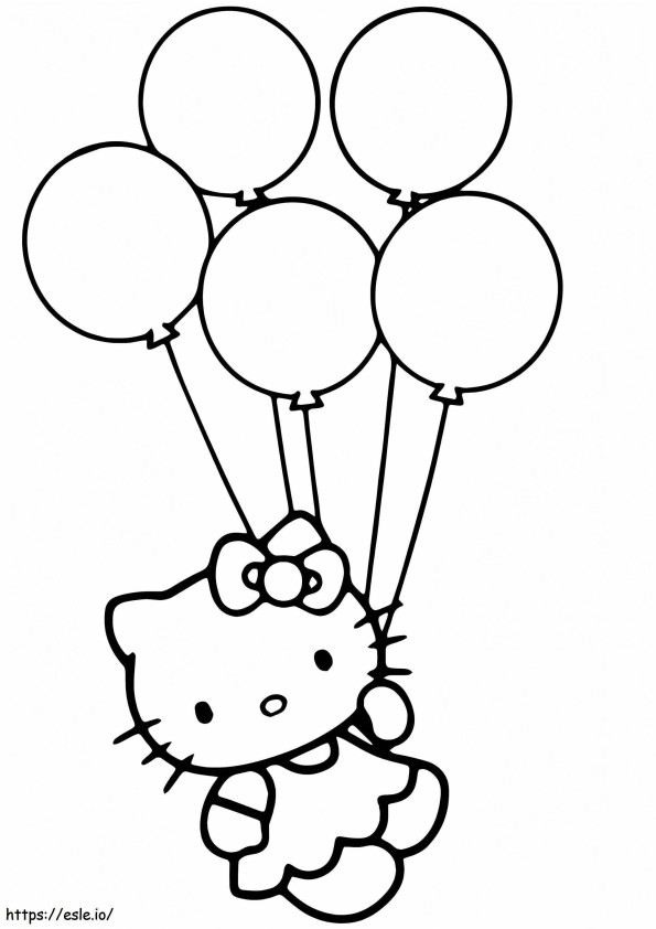 Olá Kitty voando em um balão para colorir