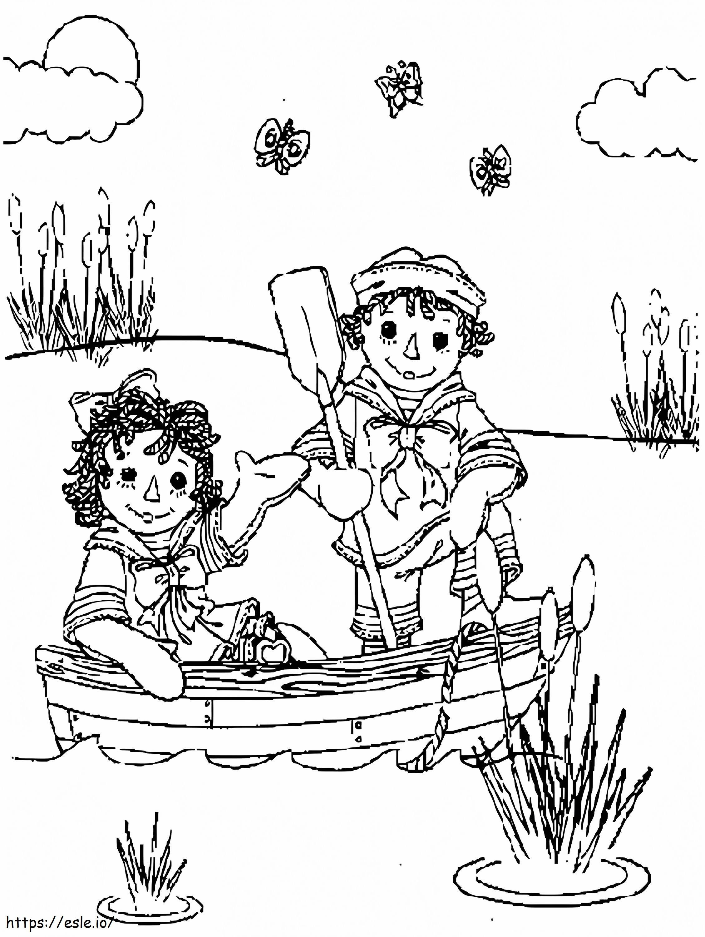 ボートに乗るラガディ・アンとアンディ ぬりえ - 塗り絵