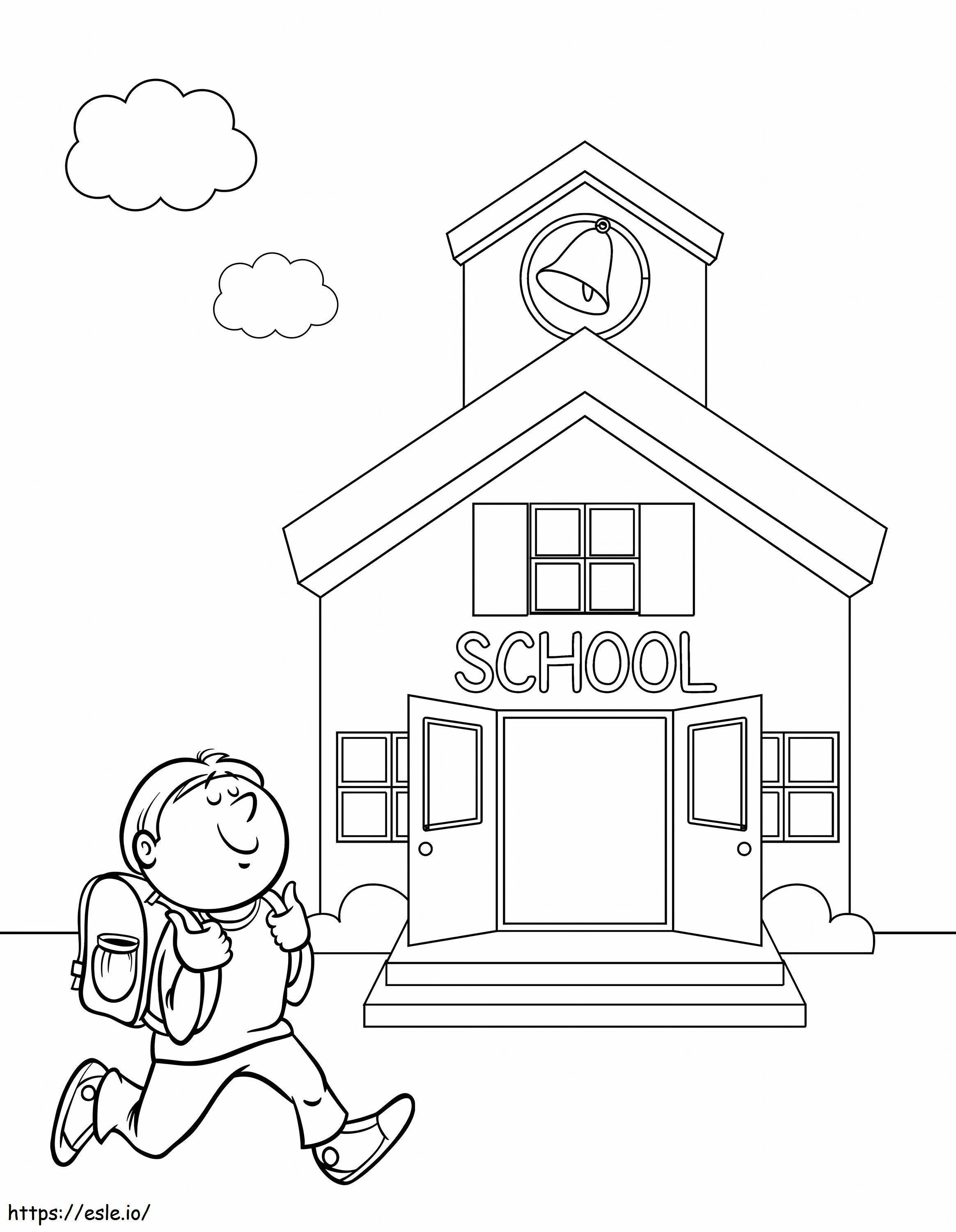 Uśmiechnięty chłopiec biegający do szkoły, skalowany kolorowanka
