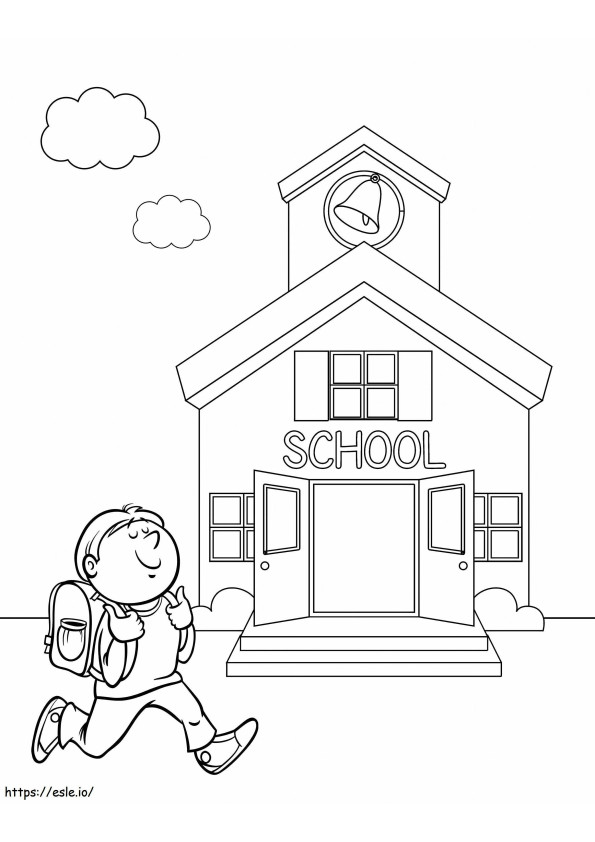 Menino sorridente correndo para a escola em escala para colorir