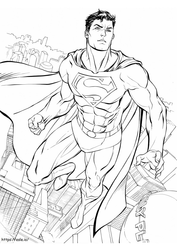 Coloriage Superman volant dans la ville à imprimer dessin