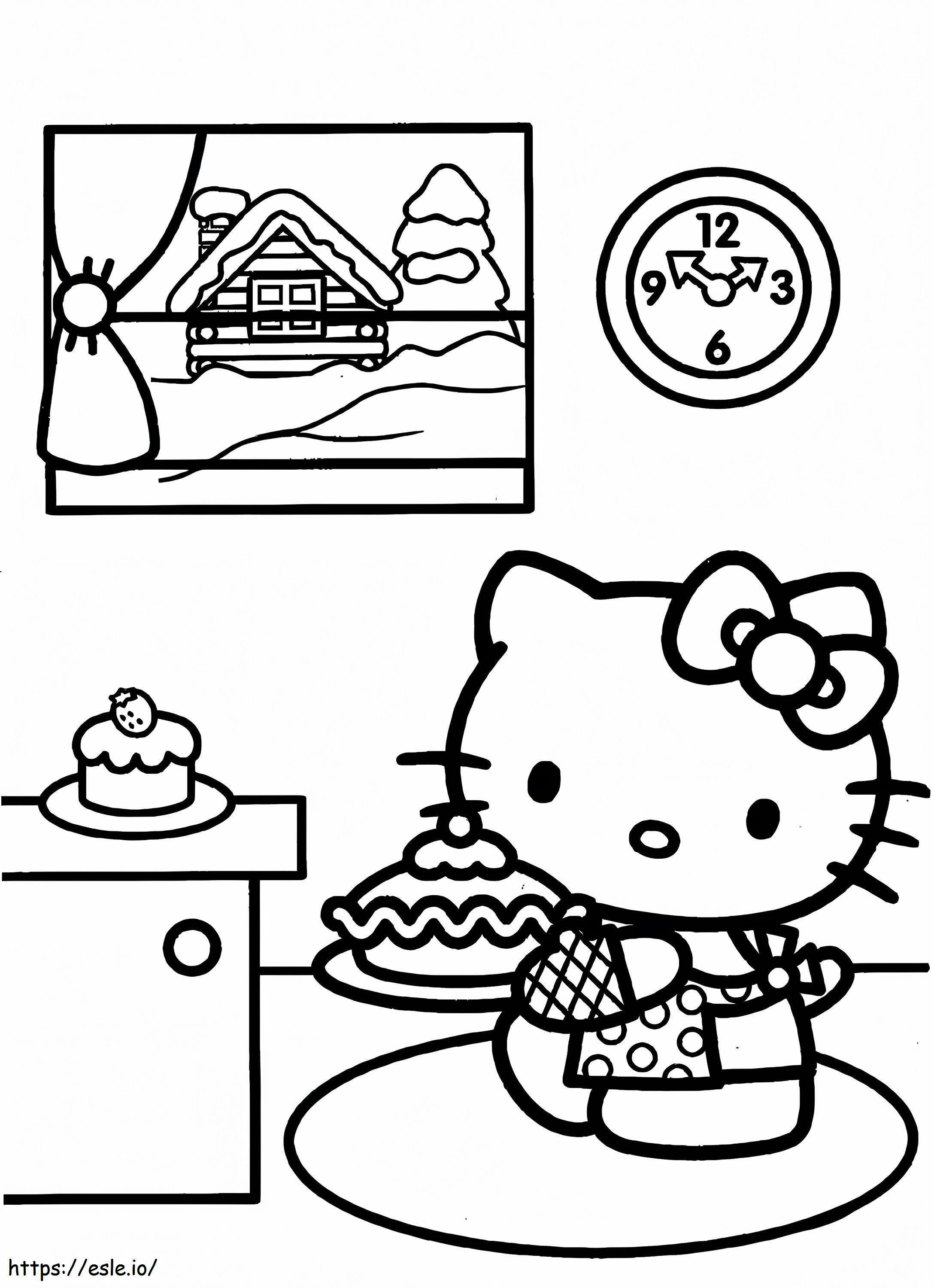 Coloriage Bonjour Kitty et gâteau à imprimer dessin