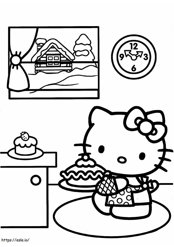 Coloriage Bonjour Kitty et gâteau à imprimer dessin