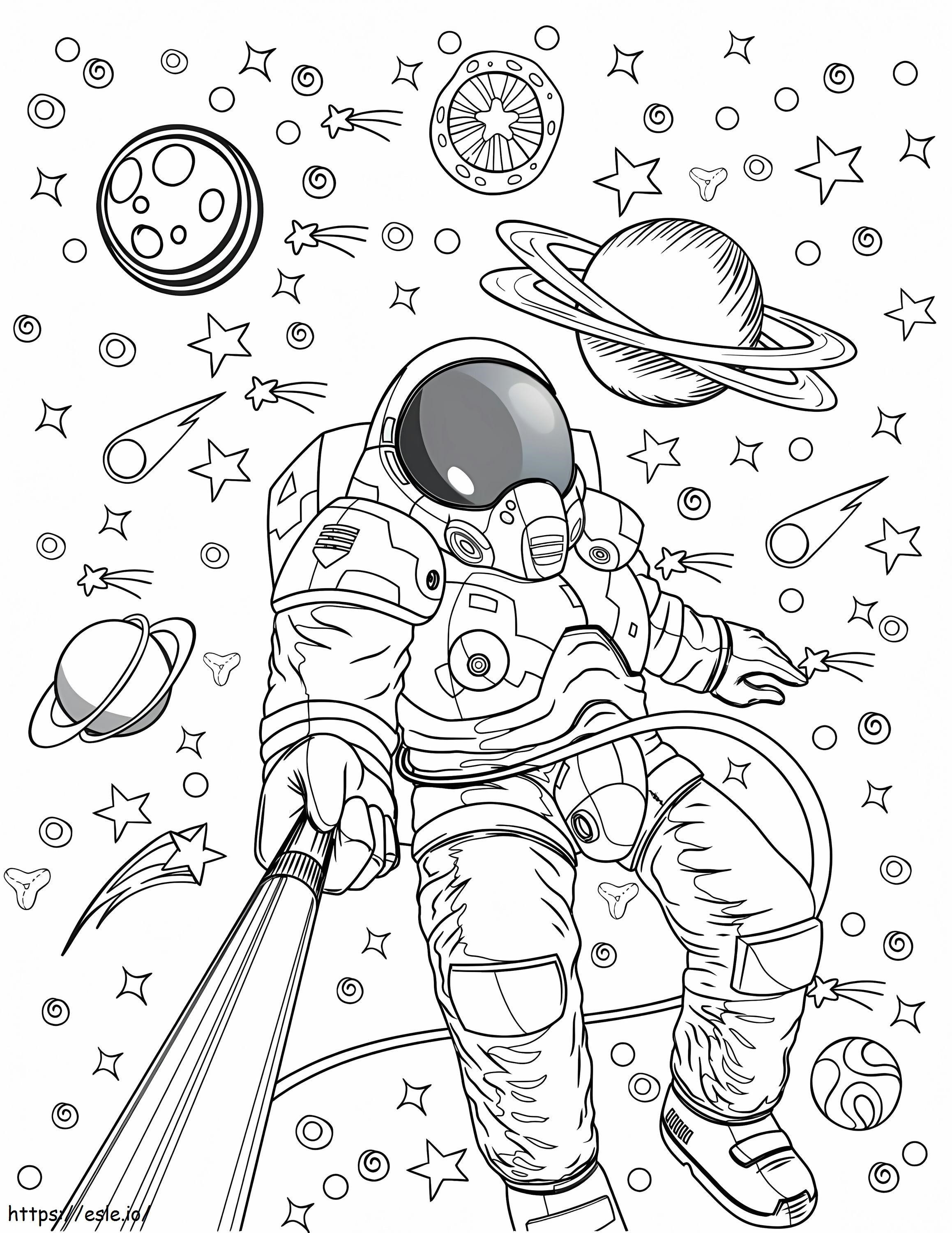 Coloriage Astronaute avec des planètes et des étoiles à imprimer dessin