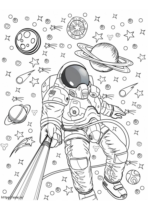 Coloriage Astronaute avec des planètes et des étoiles à imprimer dessin