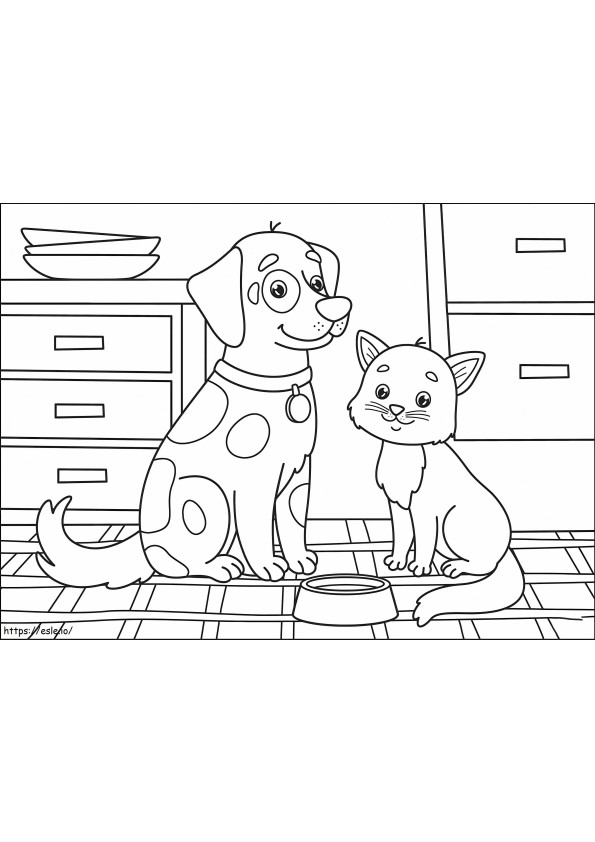 Cat And Dog At Home coloring page