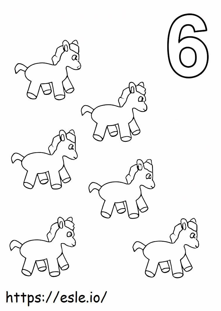 Numărul șase și șase cai de jucărie de colorat