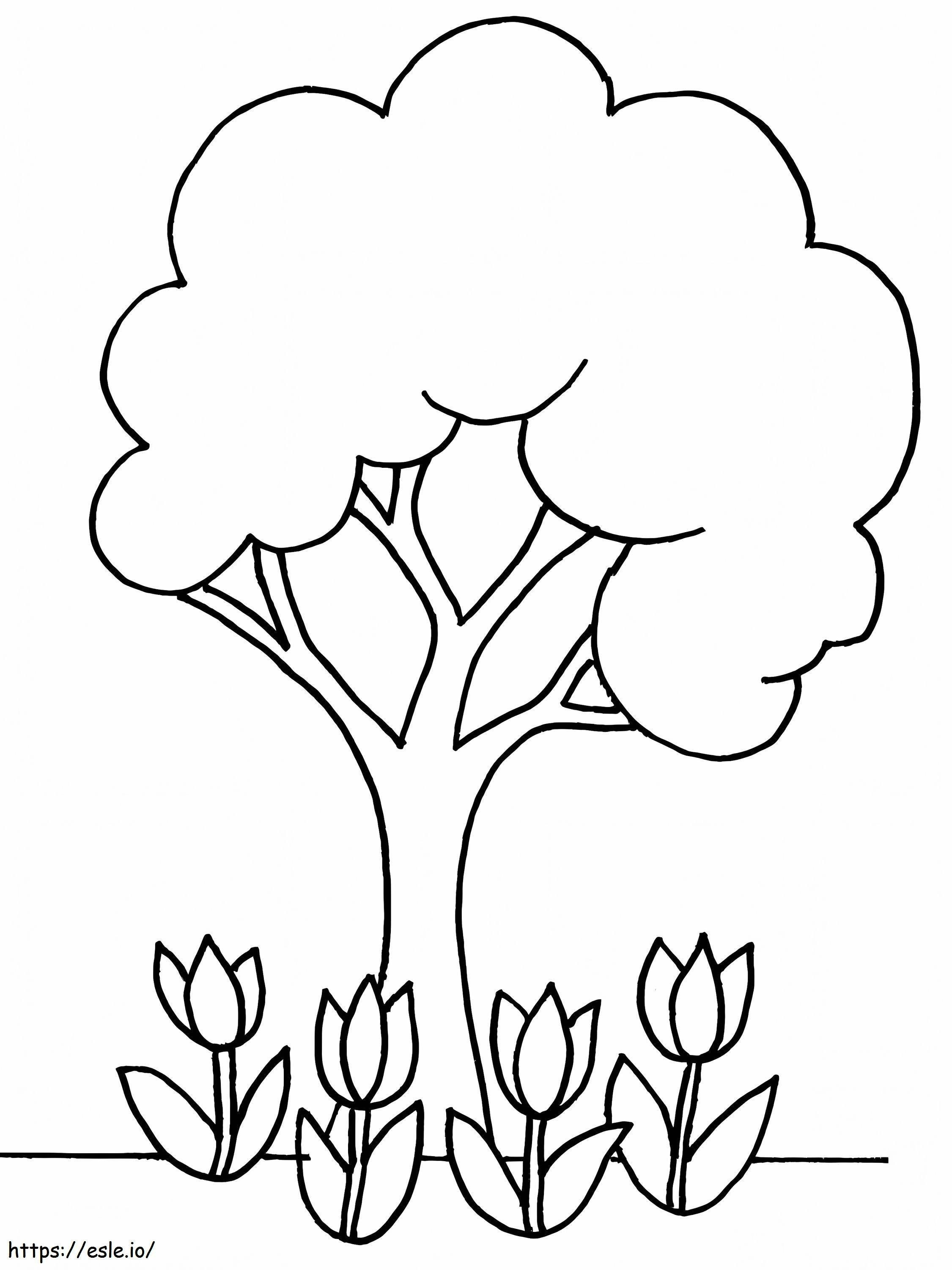 Tree And Flowers In Spring coloring page