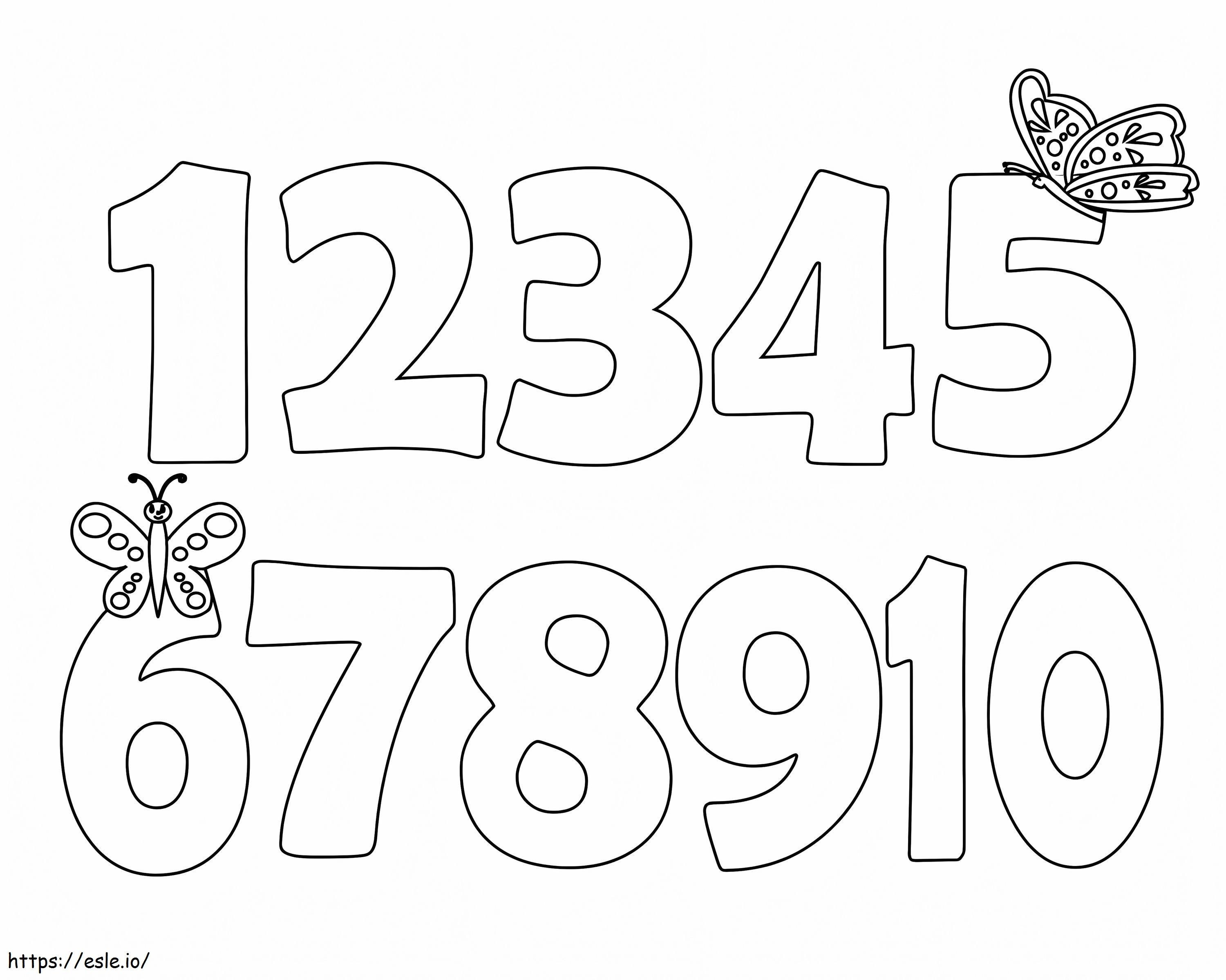 1 から 10 までの数字と蝶 ぬりえ - 塗り絵