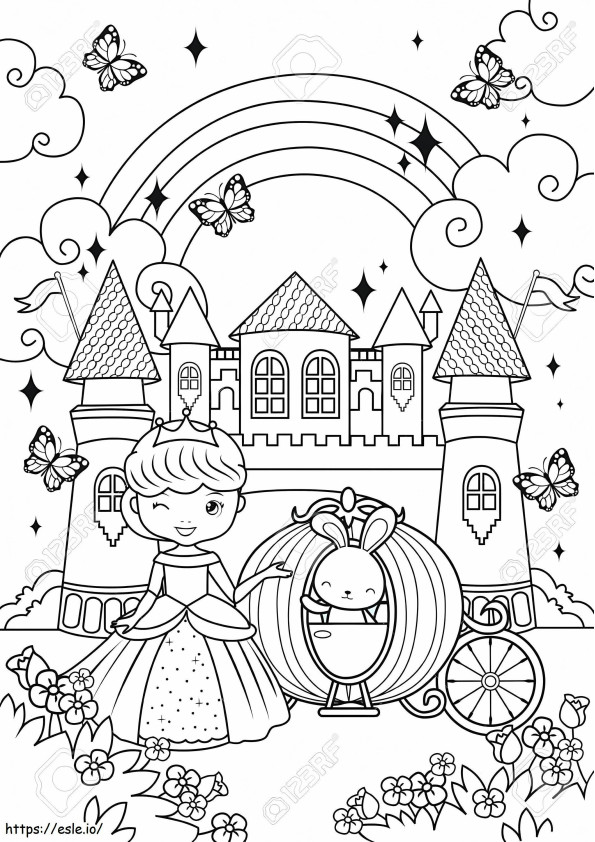 Princesa fofa e coelhinho no castelo mágico para colorir