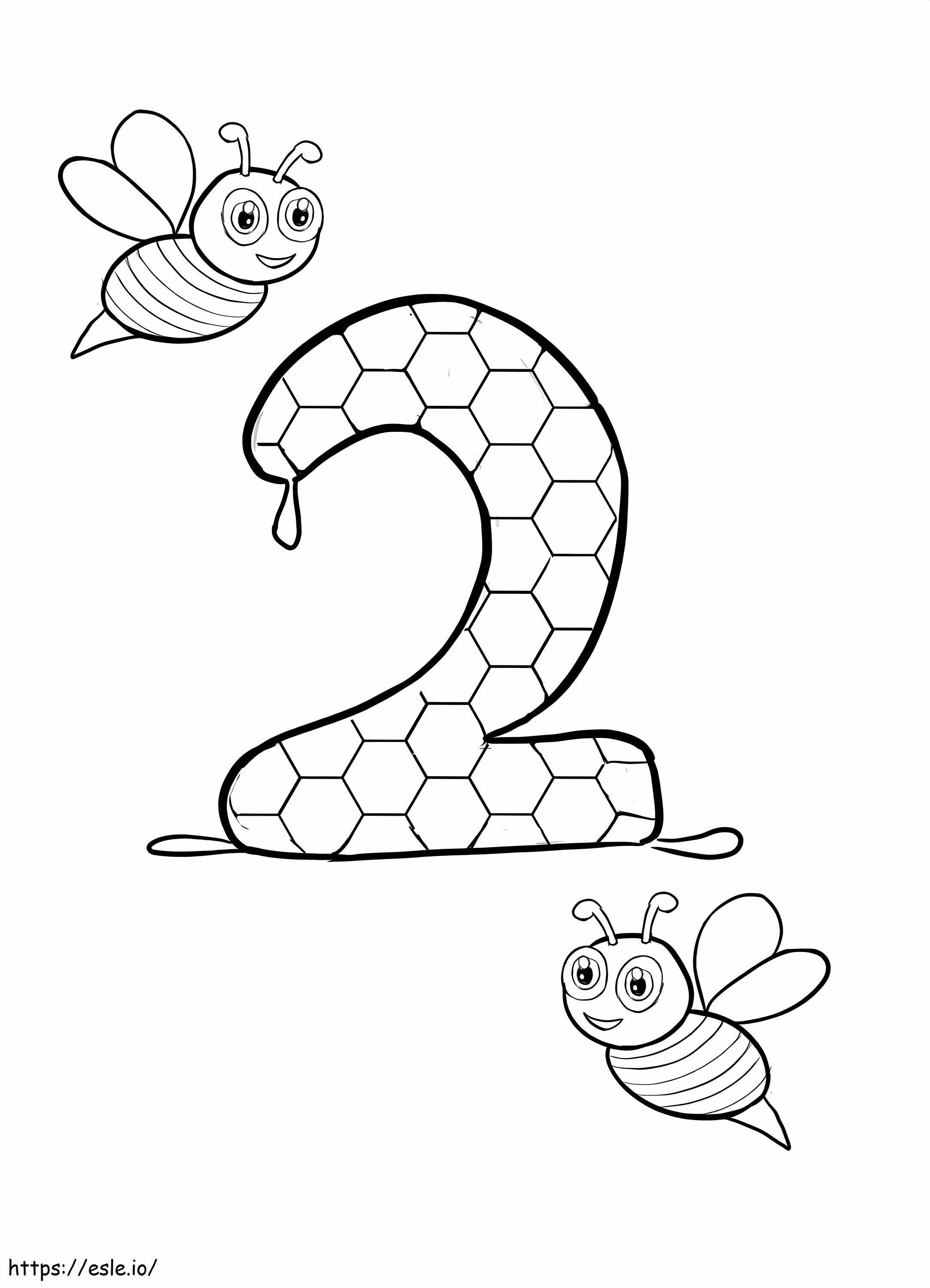 Coloriage Numéro 2 et deux abeilles à imprimer dessin