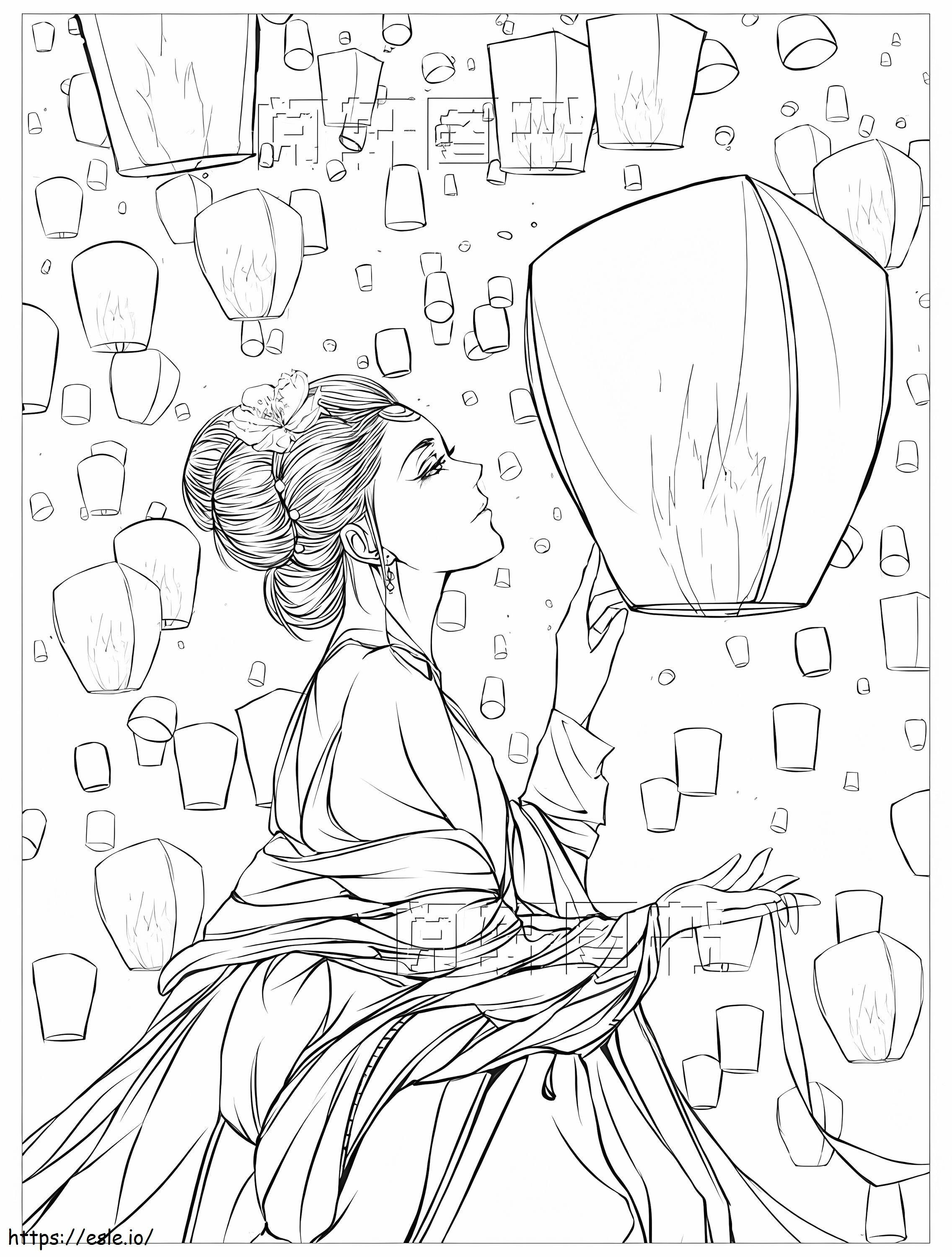 Aesthetic Girl And Lanterns coloring page