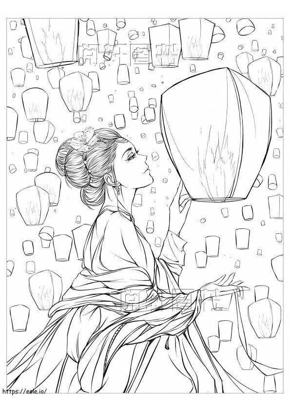 Aesthetic Girl And Lanterns coloring page