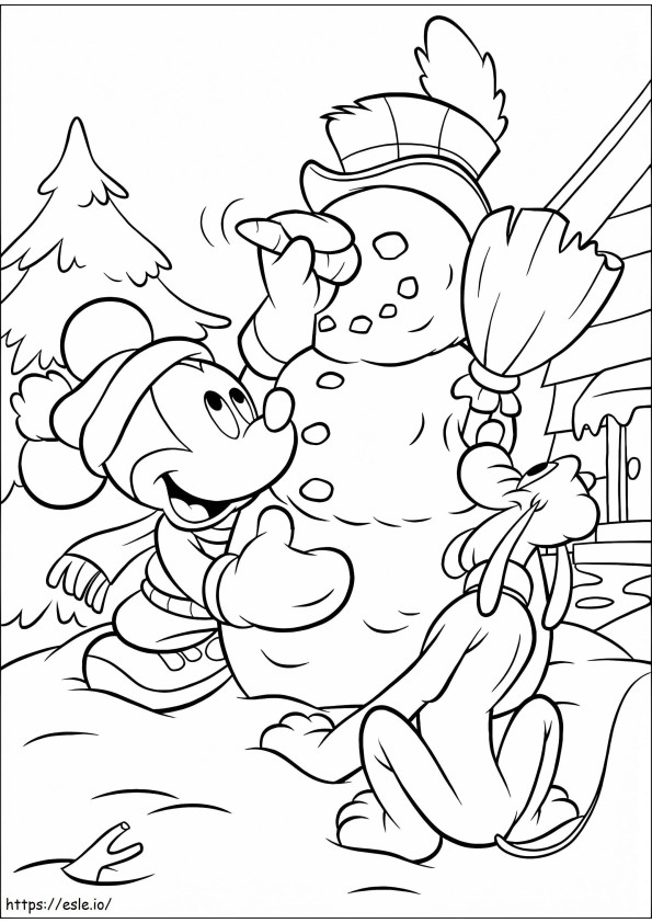 Mickey y Plutón construyendo muñeco de nieve para colorear