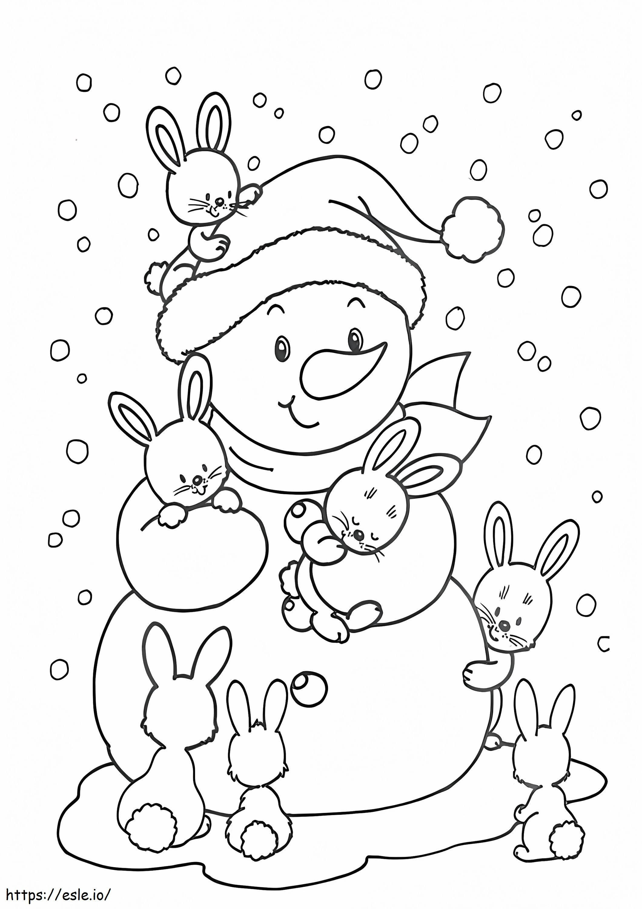 冬のウサギと雪だるま ぬりえ - 塗り絵
