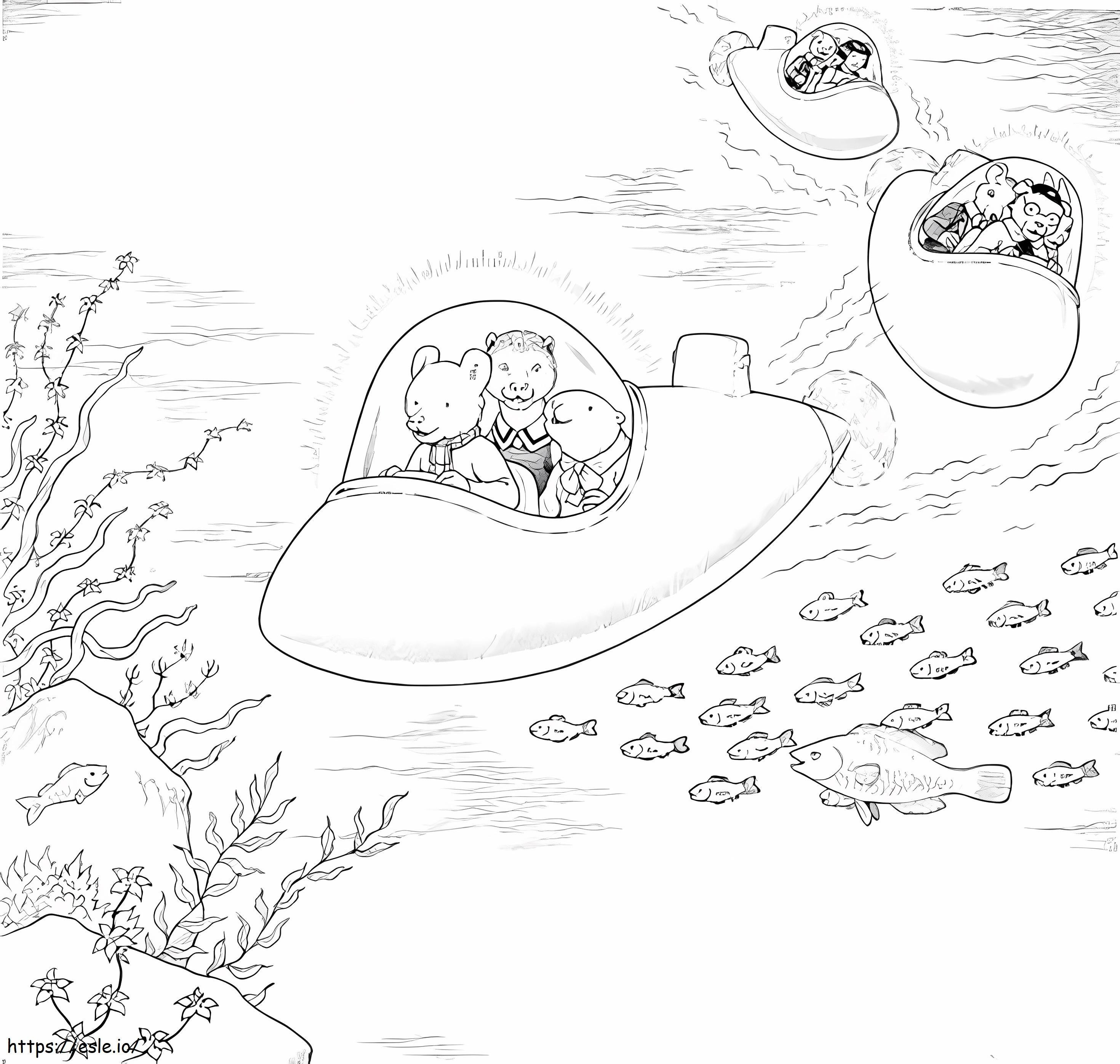Rupert Bear płynie łodzią podwodną kolorowanka