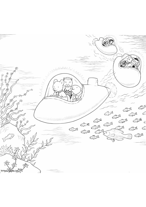 Rupert Bear cavalca un sottomarino da colorare