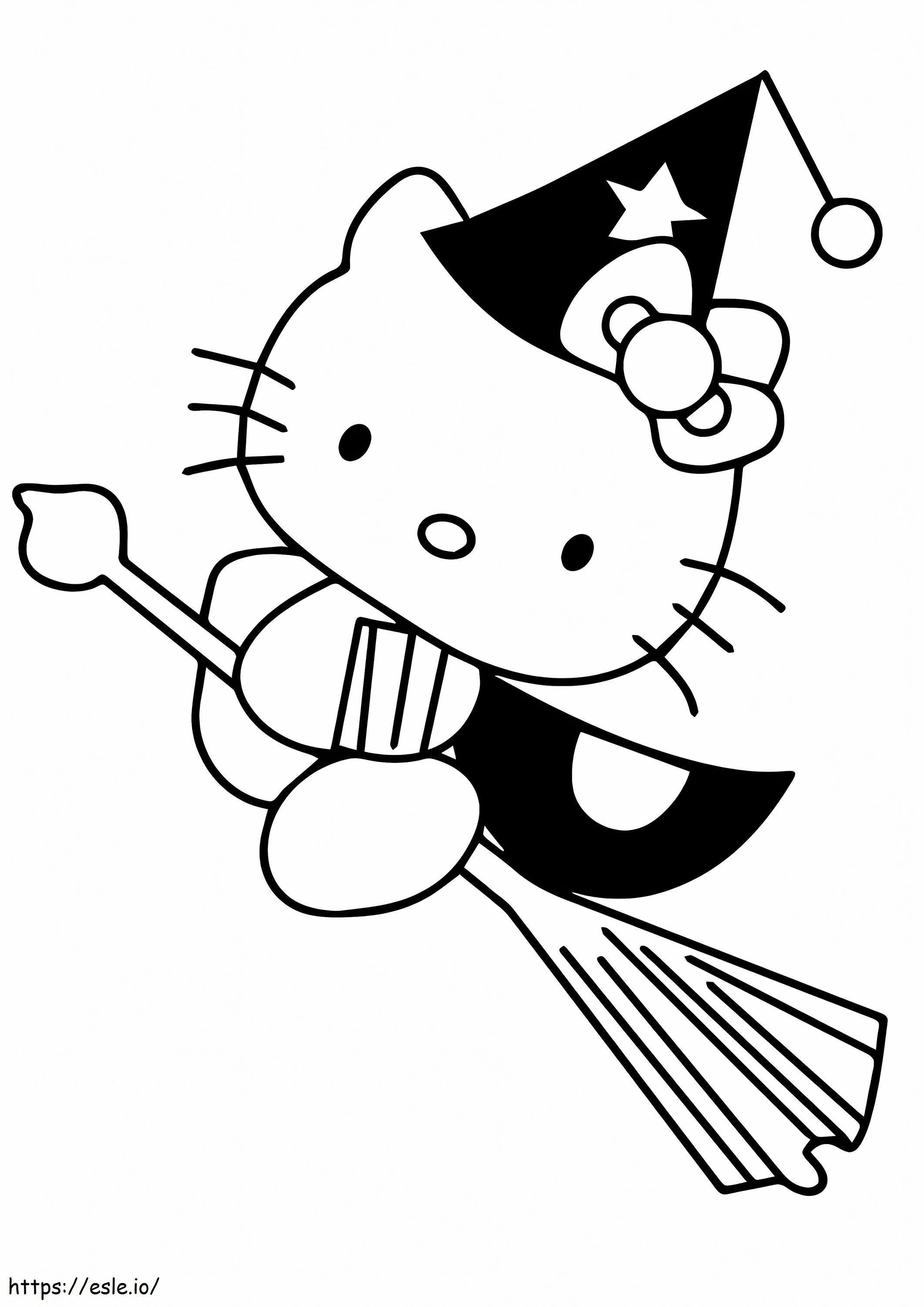 Coloriage Hello Kitty sur un balai à imprimer dessin