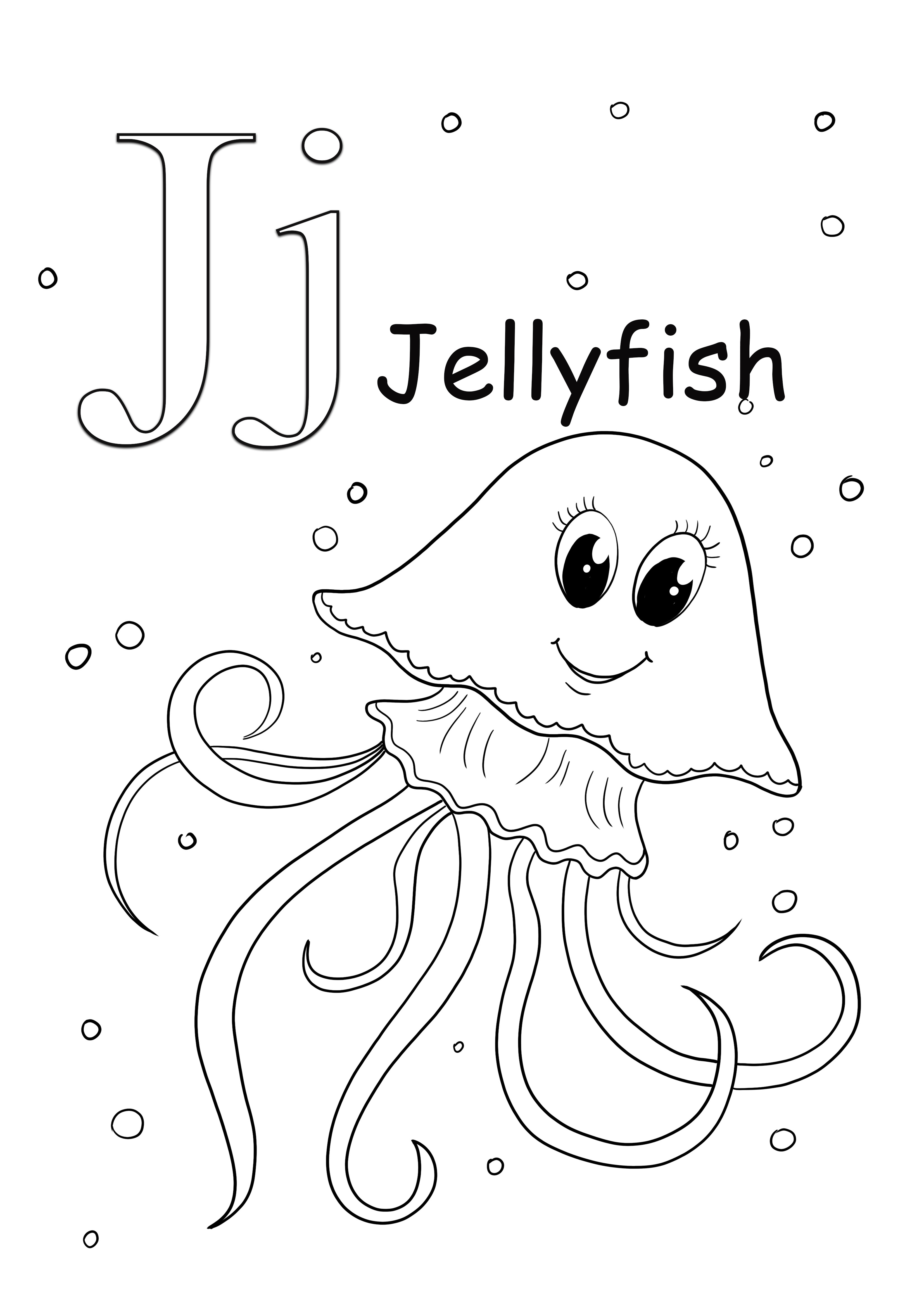 J, çocuklar için denizanası boyama ve ücretsiz baskı içindir