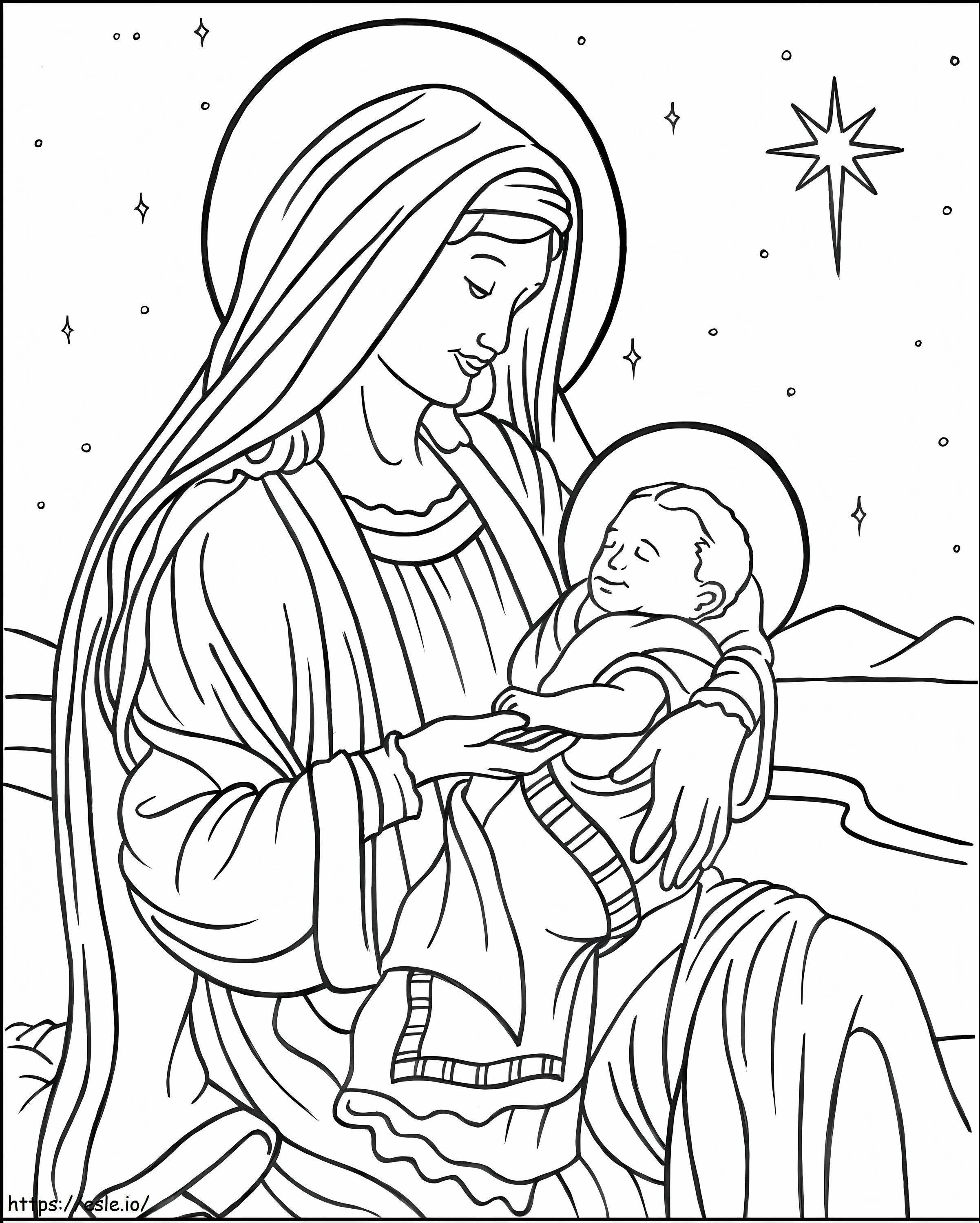 Coloriage Marie avec l'Enfant Jésus à Bethléem à imprimer dessin