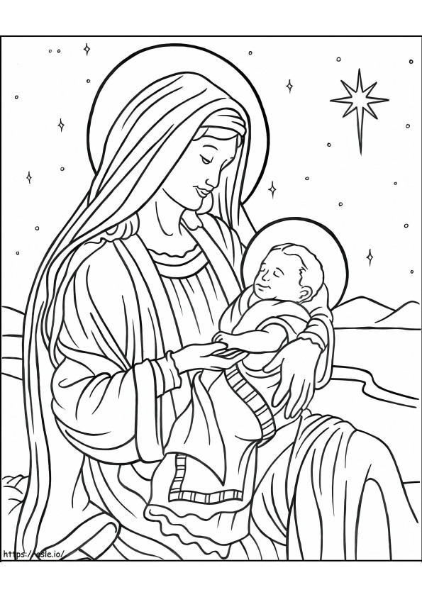 Maria Jeesus-lapsen kanssa Betlehemissä värityskuva