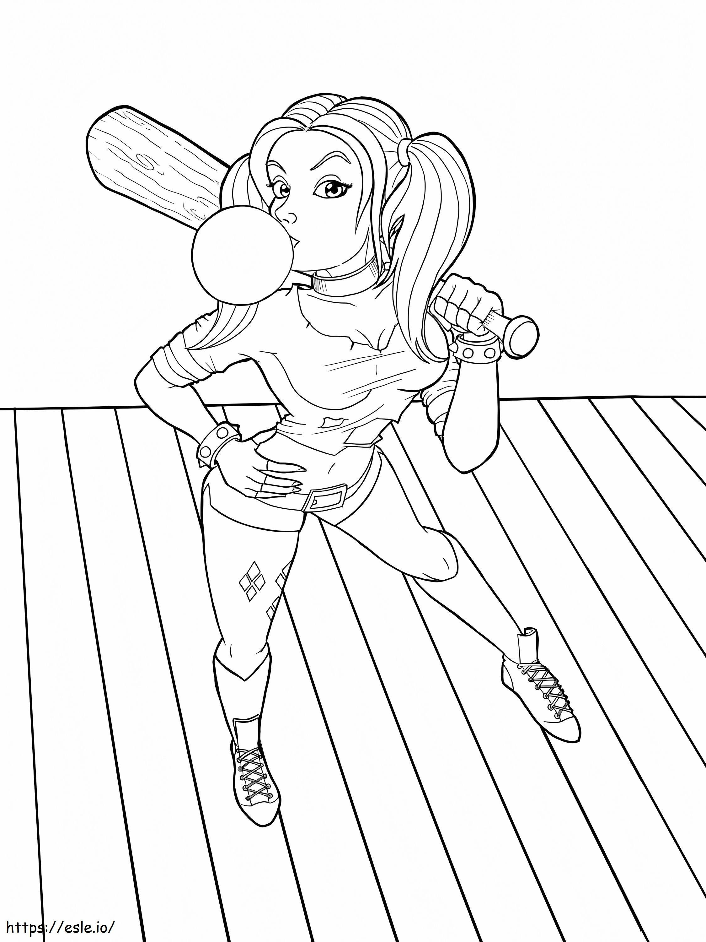Harley Quinn yang lucu memegang tongkat baseball Gambar Mewarnai