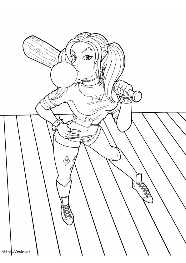 Cute Harley Quinn Holding A Baseball Bat coloring page