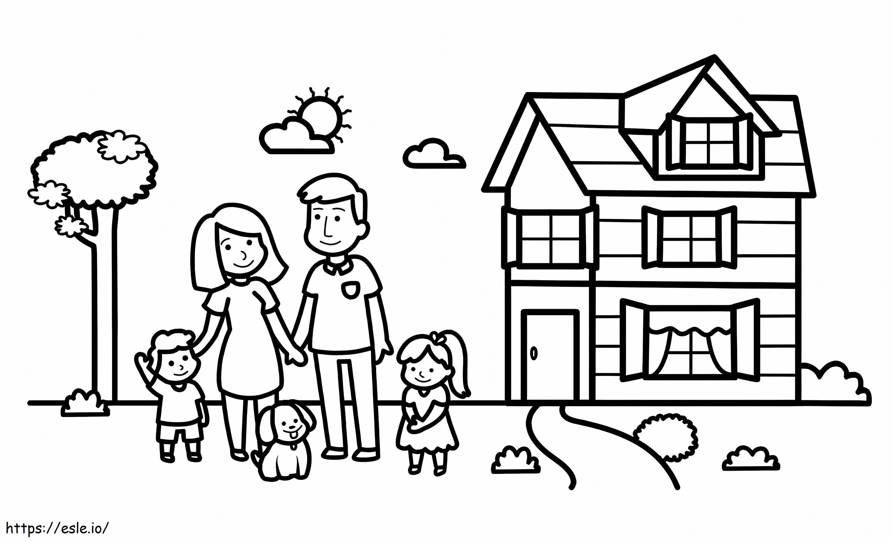 Coloriage Jolie famille avec maison à imprimer dessin
