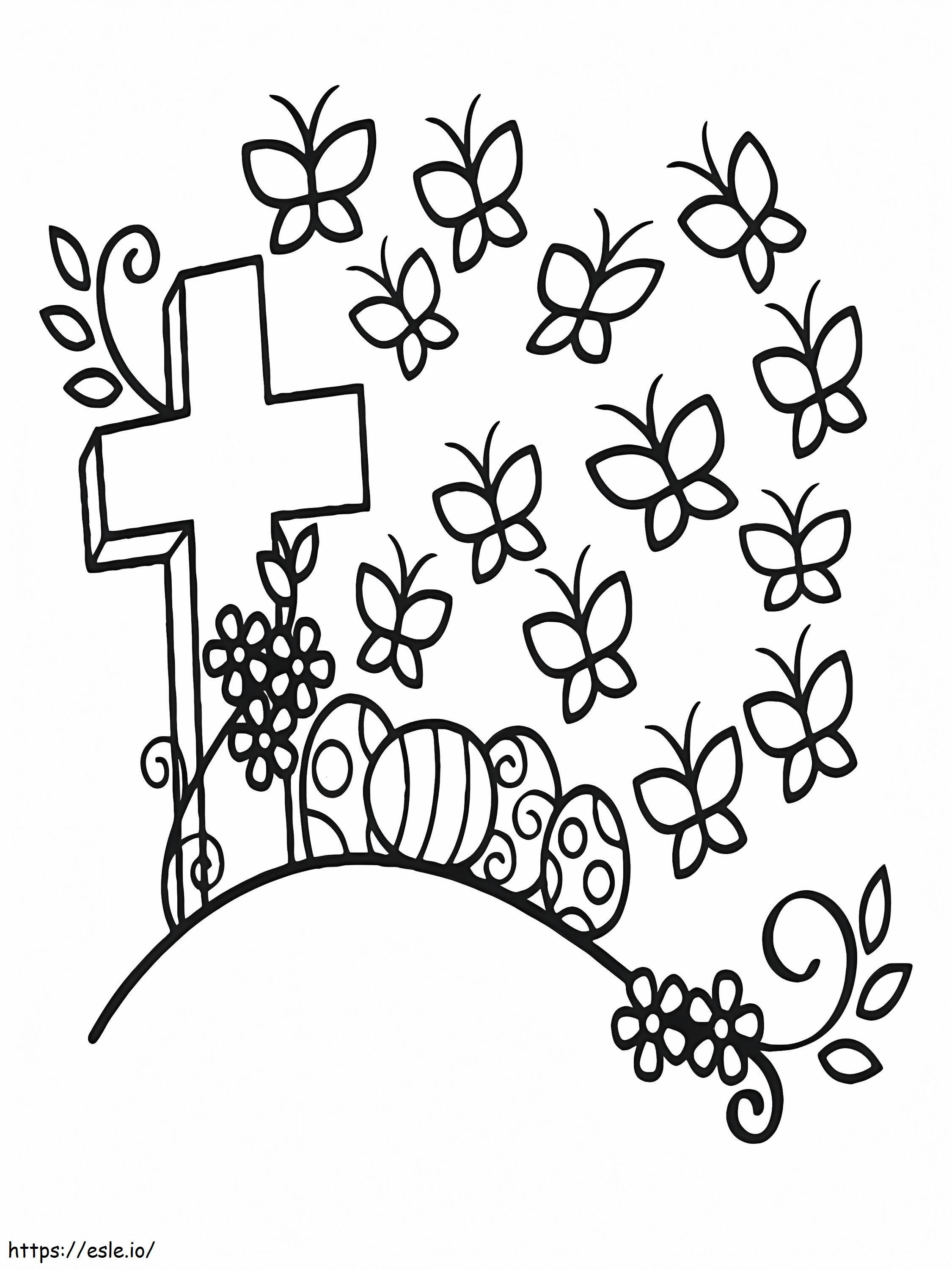 Coloriage Croix de Pâques et papillons à imprimer dessin