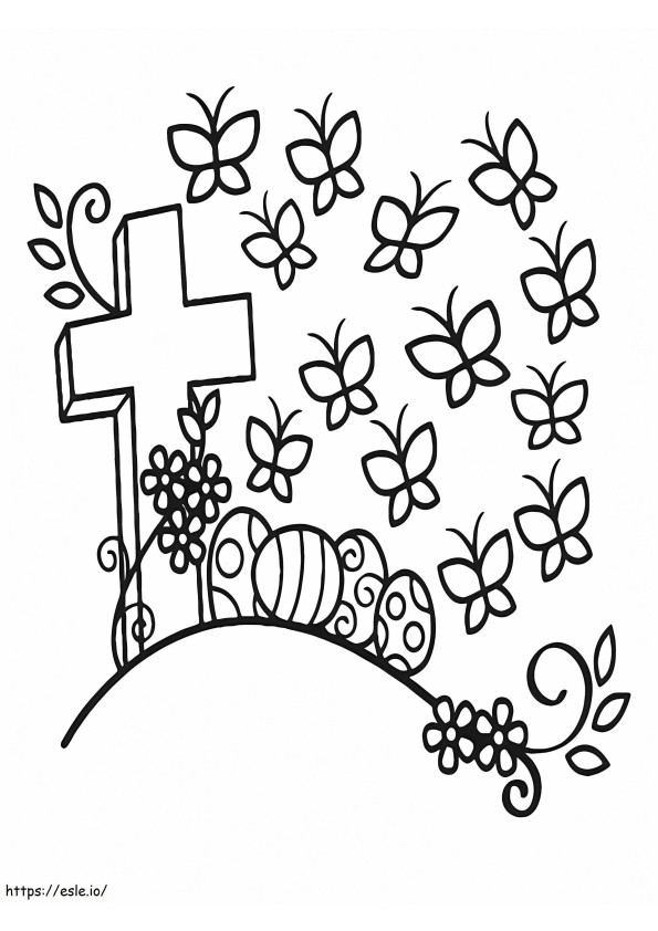 Coloriage Croix de Pâques et papillons à imprimer dessin