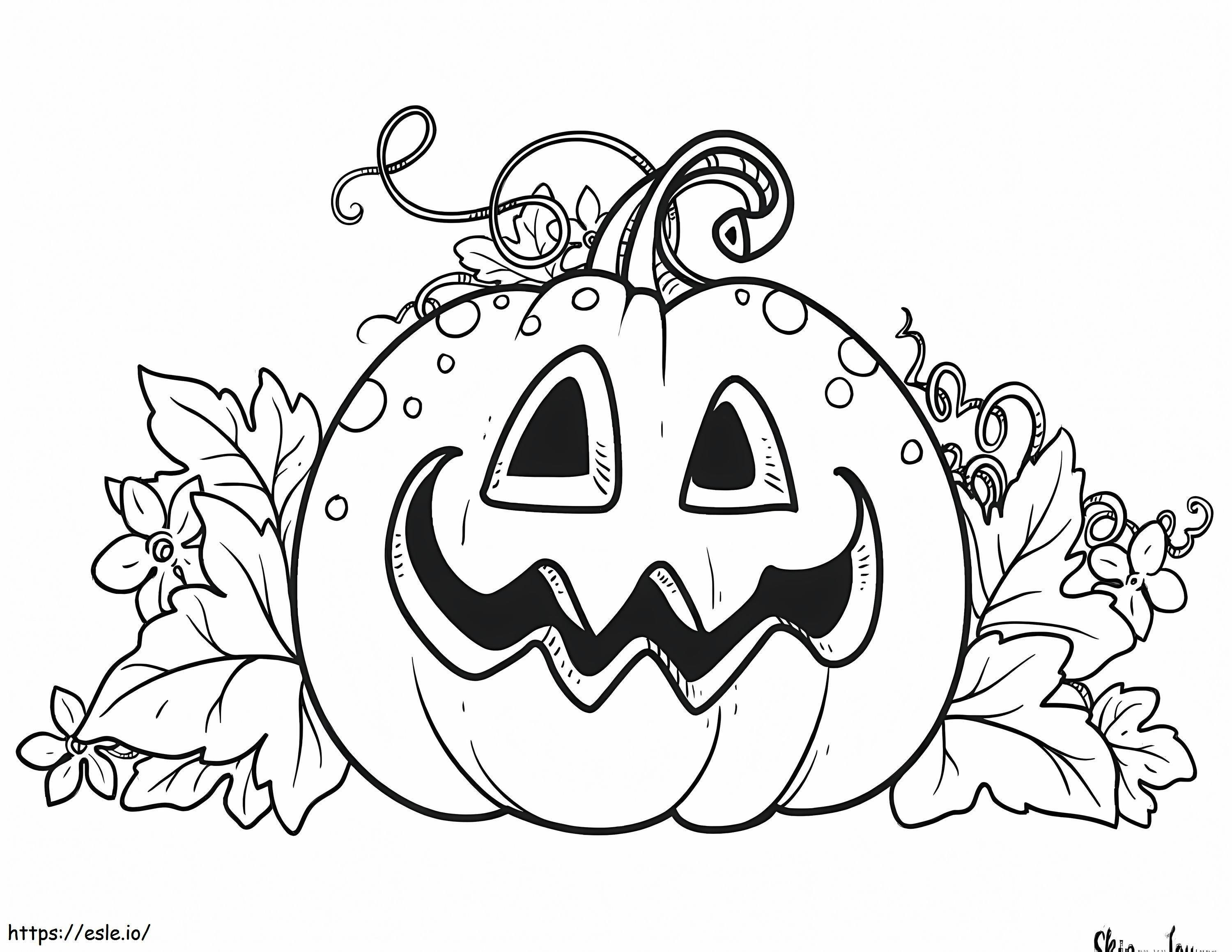 Pumpkin With Leaf And Flowers coloring page