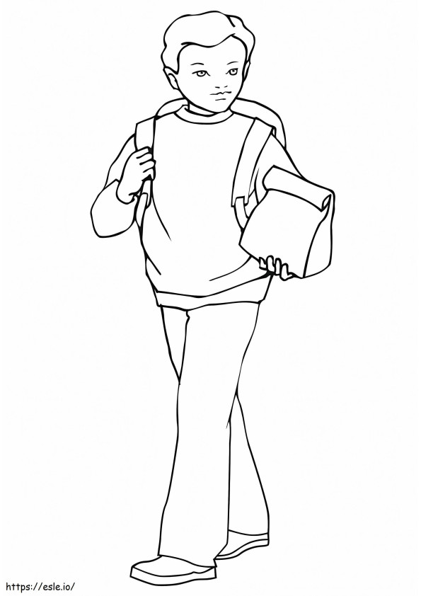 Coloriage Garçon portant son déjeuner et son sac à dos à imprimer dessin